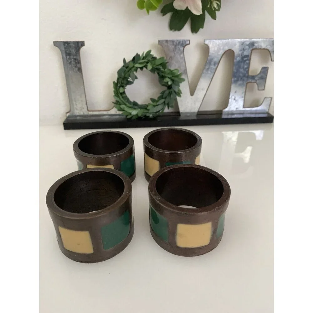 Vintage 1980s Pier 1 Napkin Rings Bronze Green Yellow Inlay Set of 4‎ Retro EUC